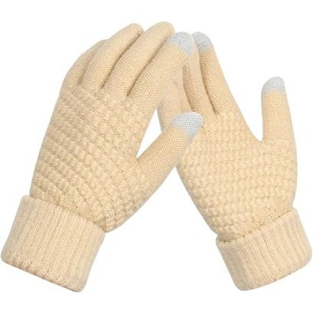 Manusi de Dama,  Functie Touchscreen (ecran tactil), Material Acril Tricotat, Manseta Elastica, Interior Catifelat, Marime Universala, Bej