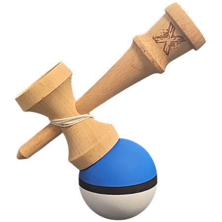Kendama X Originala, Profesionala, Cyrax, din Lemn, 18 cm, Rubber Grip, Albastru/Negru/Alb