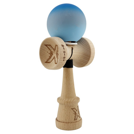 Kendama X Originala, Profesionala, Cyrax, Cupe Mari KING SIZE V3, Rubber Grip, Gaura in Baza, Rulment Metalic, din lemn 18 cm, Ata 62/65 cm, Gradient Albastru/Gri/Albastru deschis