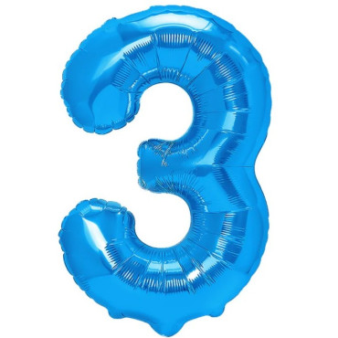 Balon din Folie Metalizata Cyrax, Figurina Cifra, Tema Aniversare 40 cm, Ambalaj Individual, Pai inclus, Umflare cu Aer sau Heliu, Albastru, Cifra 3