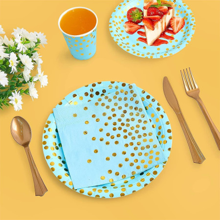 Set 10 Farfurii Unica Folosinta, Cyrax, Imprimeu cu Buline, din Carton, Diametru 18 cm, Albastru/Auriu