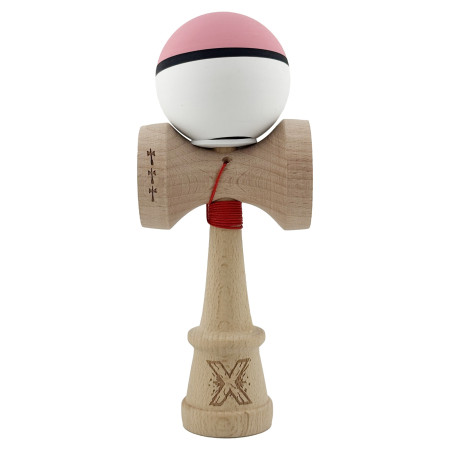 Kendama X Originala, Profesionala, Cyrax, Cupe Mari KING SIZE V3, Rubber Grip, Gaura in Baza, Rulment Metalic, din lemn 18 cm, Ata 62/65 cm, S Bicolor Roz/Alb