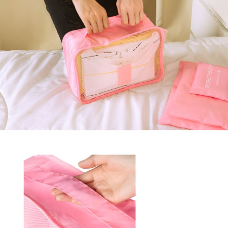 Set 6 Genți de Calatorie,  pentru Depozitare, Impermeabile, Organizator, Multifuncționale, Design cu Plasa, Pliabile, Fermoar, Dimensiuni Diferite, Roz