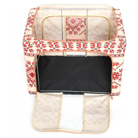 Cutie de Depozitare Pliabila, 100 L din Bumbac si In, 60X42X40 cm, Fereastra Frontala, 2 Usi de Acces cu Fermoar Bidirectional, Cadru Metalic, Suport Baza Stabil din Plastic, Motiv Traditional Model 2