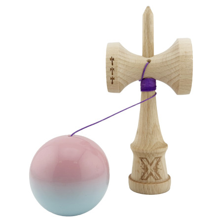 Kendama X Originala, Profesionala, Cyrax, Big Cups V2, Super Sticky cu Cupe Mari, din lemn 18 cm, Rulment Metalic cu Ata 55 cm, Roz/Albastru deschis