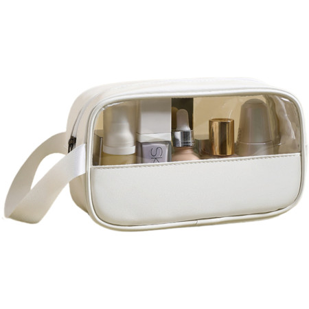 Geanta cosmetice Cyrax, pentru voiaj sau organizare, material PVC/textil, impermeabila, portabila, 22 x 12 x 8 cm, alb