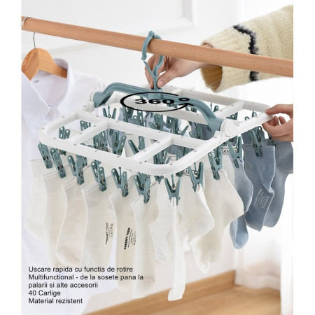 Uscator de Rufe Suspendat  cu 40 Carlige, Rotire 360 Grade, Protectie Vant, Pliabil, Patrat, Mateiral Plastic, Usor de Depozitat, Multifunctional, 36 x 24 cm, Alb/Albastru