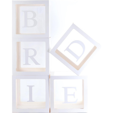 Set 5 Cutii pentru Baloane, Cyrax, Model Scris Bride, Tematica Nunta, Cuburi Decorative din Plastic, Accesorii pentru Petrecere, 30 x30 cm, Transparente Contur Alb