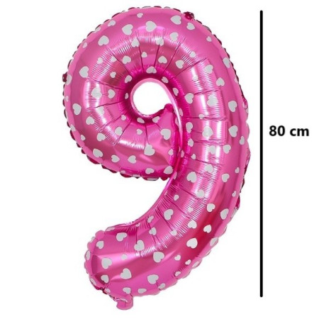 Balon din Folie Metalizata Cyrax, Figurina Cifra, Imprimeu Inimi, Tema Aniversare 80 cm, Ambalaj Individual, Pai inclus, Umflare cu Aer sau Heliu, Roz, Cifra 9