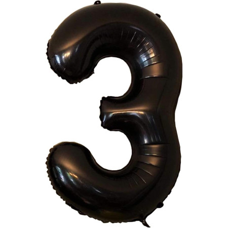 Balon din Folie Metalizata Cyrax, Figurina Cifra, Tema Aniversare 40 cm, Ambalaj Individual, Pai inclus, Umflare cu Aer sau Heliu, Negru, Cifra 3