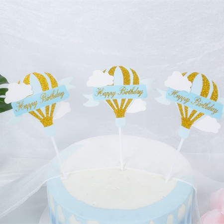 Set 3 Toppere pentru Tort, Cyrax, Model Balon cu Aer Cald Happy Birthday, Tematica Aniversare, Albastru
