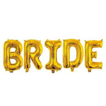 Set Baloane din Folie Metalizata, Cyrax, Model Scris Bride, Litere de 40 cm, Tema Iubire, Baloane Party, Ambalaj Individual, Pai Inclus, Umflare cu Aer sau Heliu, Auriu