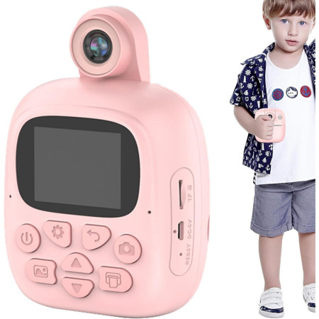 Camera Instantanee pentru Copii, Cyrax, Camera Frontala + Selfie, cu Functie de Printare, Cablu USB-C, Bluetooth, Compatibil iOS/Android, Imprimare APP, Model Bunny, Roz