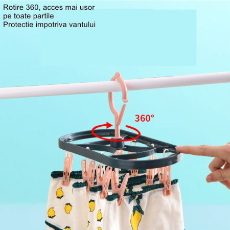 Uscator de Rufe Suspendat  cu 12 Carlige, Rotire 360 Grade, Protectie Vant, Mateiral Plastic, Usor de Depozitat, Multifunctional, 30 x 12.5 cm, Albastru/Roz