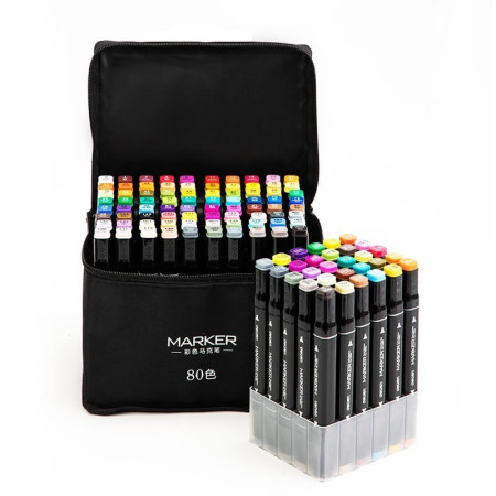 Set 80 Markere, Cyrax, pe Baza de Ulei, Dublu Capat, Subtire 1mm si Gros 6 mm, Geanta Depozitare, 15 cm, Multicolor