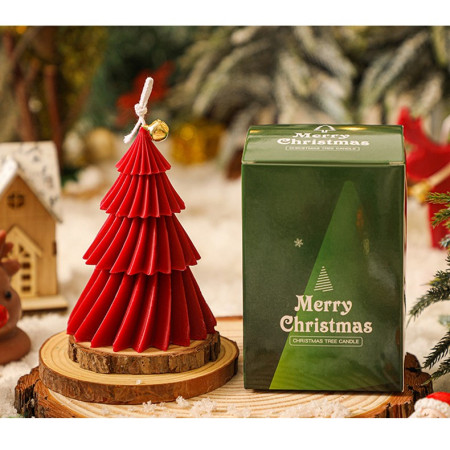 Lumanare de Craciun Parfumata,  Lumanare Rotativa cu Aromaterapie, Model Brad de Craciun forma Lunga, din Ceara de Soia, 11 x 8 x 8 cm, Rosu