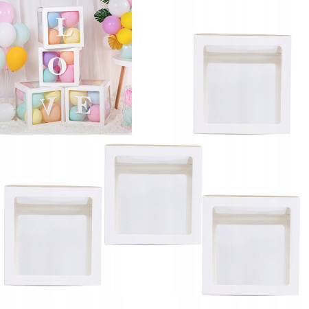 Set 4 Cutii pentru Baloane, Cyrax, Model Simplu, Tematica Aniversare, Cuburi Decorative din Plastic, Accesorii pentru Petrecere, 30 x30 cm, Transparente Contur Alb