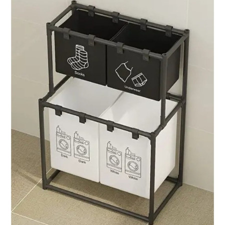 Cos de Rufe,  cu 2 Etaje, 4 Cosuri, Cadru de Otel Inoxidabil, 97x44x57 cm, Negru