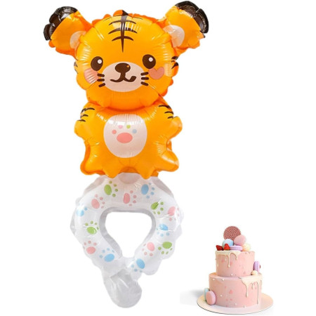 Balon din Folie Metalizata, Cyrax, Figurine Animalute, Tip Bratara, Model Tigru, 17x34 cm, Ambalaj Individual, Pai Inclus, Umflare cu Aer sau Heliu, Maro