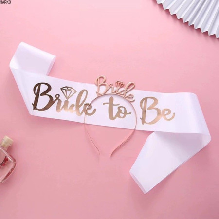 Set de Accesorii pentru Mireasa, Cyrax, Coronita, Panglica, Stickere, Voal, Model Bride To Be, Tematica Nunta, Alb-Roz