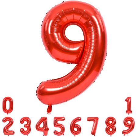 Balon din Folie Metalizata Cyrax, Figurina Cifra, Tema Aniversare 100 cm, Ambalaj Individual, Pai inclus, Umflare cu Aer sau Heliu, Rosu, Cifra 9