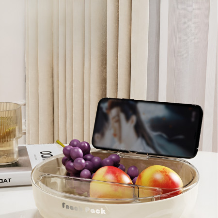 Bol cu Doua Straturi, Cyrax, pentru Fructe, Legume, Snacks, cu Strat de Scurgere a Apei, Suport pentru Telefonul Mobil, 22.4x9 cm, Crem