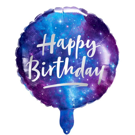 Balon din Folie Metalizata, Cyrax, Mini Figurina Rotunda, Model Cer Instelat, Happy Birthday, Tematica Aniversare, 45 cm, Ambalaj Individual, Pai Inclus, Umflare cu Aer sau Heliu, Multicolor