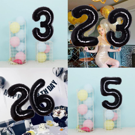 Balon din Folie Metalizata Cyrax, Figurina Cifra, Tema Aniversare 40 cm, Ambalaj Individual, Pai inclus, Umflare cu Aer sau Heliu, Negru, Cifra 5