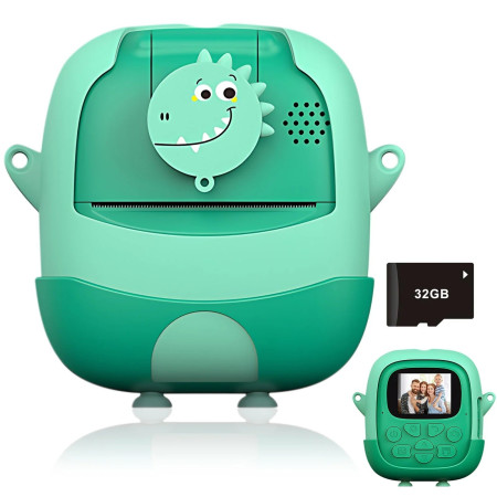 Set Camera Instantanee pentru Copii, Cyrax, Ecran HD 2.4'', 24MP, 720P Video, 1200 mAh, cu Functie de Printare Alb-Negru, cablu USB-C, Bluetooth, Compatibil iOS/Android, Imprimare APP, Model Dinozaur, Verde