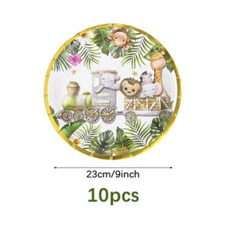 Farfurii Cartonate pentru Petreceri, Cyrax, Farfurii cartonate de unica Folosinta pentru Zile de Nastere, Model Safari cu animale, set 10 buc, Diametru 23 cm, Multicolor