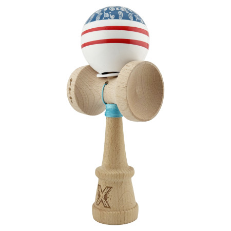 Kendama X Originala CHICANOS, Profesionala, Cyrax, Cupe Mari KING SIZE V3, Super Sticky, Gaura in Baza, Rulment Metalic, din lemn 18 cm, Ata 55 cm, Albastru/Alb