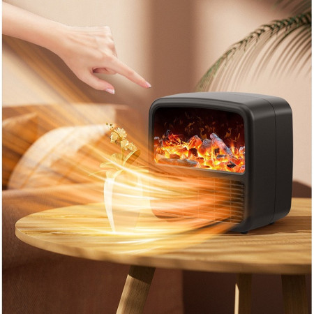 Mini Aeroterma Portabila,  Display LCD, Flacara Tip Semineu, 1500W, 2 Trepte, Oprire Automata, 22 x 22 x 15 cm, Negru