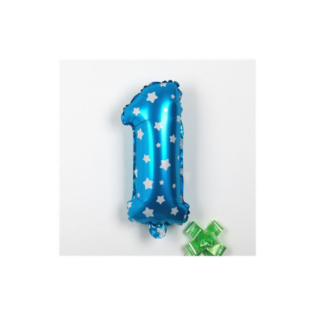 Balon din Folie Metalizata Cyrax, Figurina Cifra, Imprimeu Stele, Tema Aniversare 80 cm, Ambalaj Individual, Pai inclus, Umflare cu Aer sau Heliu, Albastru, Cifra 1