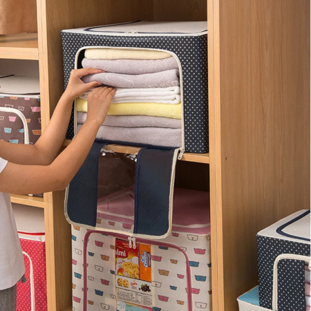 Cutie de Depozitare Pliabila,  Cu Fermoar, 100 L, Textil, 60x42x40 cm, Albastru Marin, Cadru Metalic, Suport Baza Stabil din Plastic, Imprimeu buline