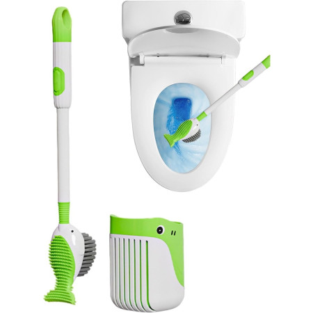 Perie de Toaleta,  cu Suport de Perete, Recipient Detergent, 2 Tipuri de Perii, Model Balena, Verde