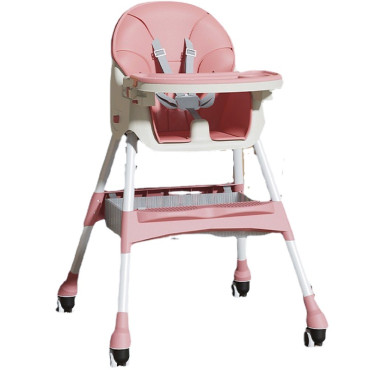 Scaun de masa pentru bebelusi si copii Cyrax, cu roti, telescopic, pliabil, masuta reglabila, suport picioare, scaun invelis piele artificiala, centura siguranta, spatiu depozitare, 97 x 73 x 65 cm, roz