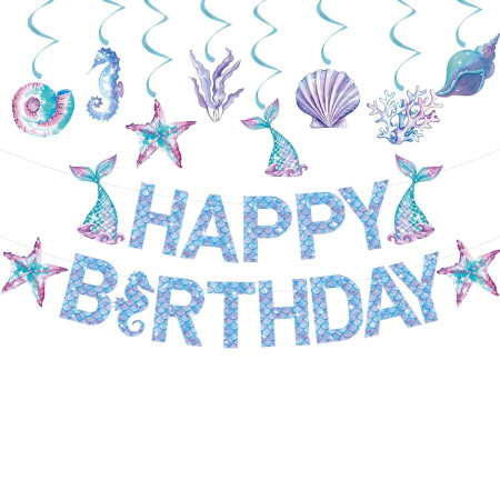 Banner Happy Birthday Sirena, Cyrax, Colectia Mermaid, 17 Piese, Multicolor