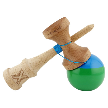 Kendama X Originala, Profesionala, Cyrax, Big Cups V2, Super Sticky cu Cupe Mari, Rulment Metalic, din lemn 18 cm, Ata 55 cm, Albastru/Verde