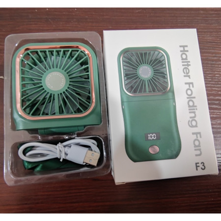 Ventilator Portabil  3 in 1, de Mana, de Gat, de Birou, 16.7 x 8 x 1.9 cm, 3 Trepte de Viteza, Incarcare USB, Pliabil, Afisaj Digital, Suport Telefon, Verde