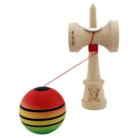 Kendama X Originala, Profesionala, Cyrax, Rubber Grip, Cupe Mari KING SIZE V3, Gaura in Baza, Rulment Metalic, din lemn 18 cm, Ata 62/65 cm, Special Rosu/Galben/Verde