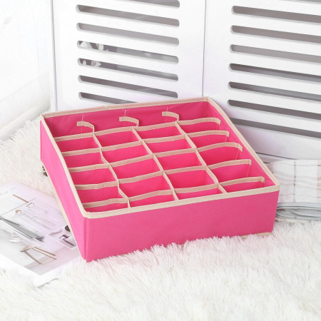 Cutie De Depozitare,  Pentru Lenjerie, Sosete Si Sutiene, Material Textil, 24 Compartimente, 32 x 32 x 10 cm, Culoare Roz