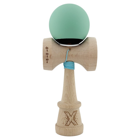 Kendama X Originala, Profesionala, Cyrax, Rubber Grip, Cupe Mari KING SIZE V3, Gaura in Baza, Rulment Metalic, din lemn 18 cm, Ata 62/65 cm, Bicolor Turcoaz/Albastru inchis