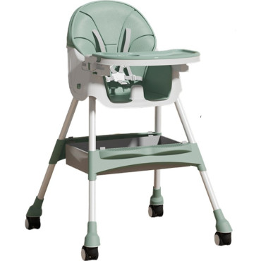 Scaun de Masa pentru Bebelusi si Copii, Cyrax, cu Roti, Telescopic, Pliabil, Masuta Reglabila, Suport Picioare, Scaun cu Invelis Piele Artificiala, Centura Siguranta, Spatiu Depozitare, 97x73x65 cm, Verde