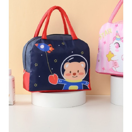 Geanta Termoizolanta pentru Copii, Cyrax, 23x13x19 cm, Model Imprimeu Ursulet Astronaut, din Folie de Aluminiu si Panza Oxford, Albastru/Rosu