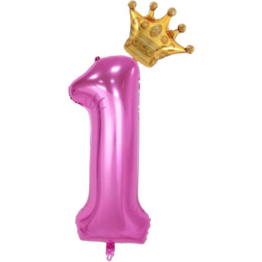 Balon din Folie Metalizata Cyrax, Figurina Cifra si Coroana, Tema Aniversare 100 cm, Ambalaj Individual, Pai inclus, Umflare cu Aer sau Heliu, Roz, Cifra 1