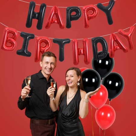 Set Baloane din Folie Metalizata, Cyrax, Model Happy Birthday, Litere de 40 cm, Baloane Party, Ambalaj Individual, Pai, Ata si Adeziv Incluse, Umflare cu Aer sau Heliu, Rosu-Negru