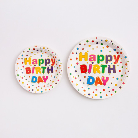 Set 10 Farfurii Unica Folosinta, Cyrax, Imprimeu Happy Birthday, din Carton, Diametru 18 cm, Multicolor