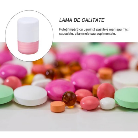 Cutie Pastile Multifunctionala,  4 in 1, Pahar Apa, Taiere, Sfaramare, Depozitare, Compact, ABS cu Lama din Inox, Alb/Roz, 8.7x6.2x4.1 cm