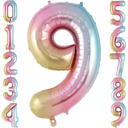 Balon din Folie Metalizata Cyrax, Figurina Cifra, Tema Aniversare 40 cm, Ambalaj Individual, Pai inclus, Umflare cu Aer sau Heliu, Multicolor, Cifra 9