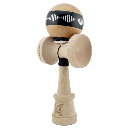 Kendama X Originala FREQUENCY, Profesionala, Cyrax, Cupe Mari KING SIZE V3, Super Sticky, Gaura in Baza, Rulment Metalic, din lemn 18 cm, Ata 55 cm, Negru/Maro